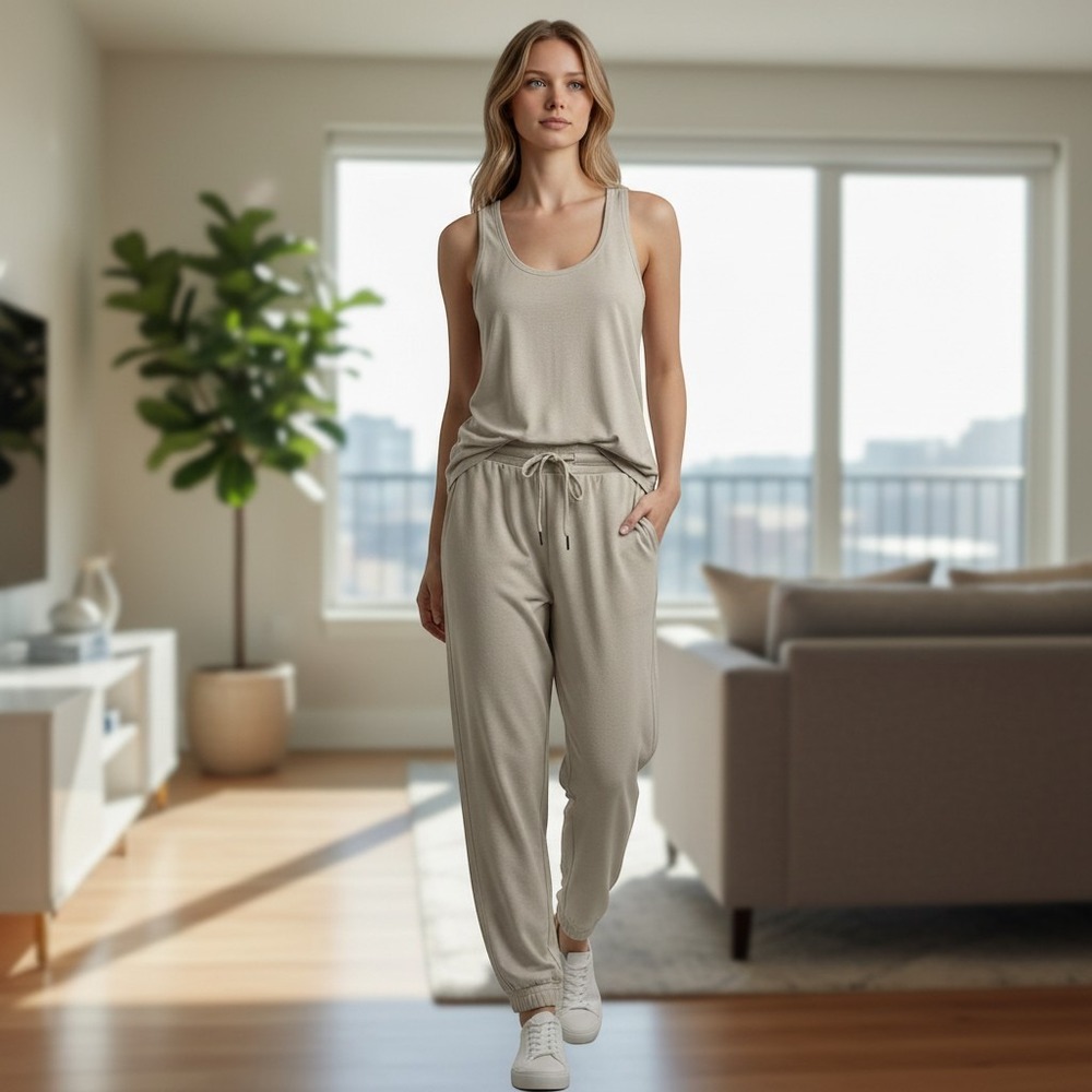 Yogalicious Cationic Jersey 2 Piece Lounge Set Tank Top Lowkey Jogger Tan Small